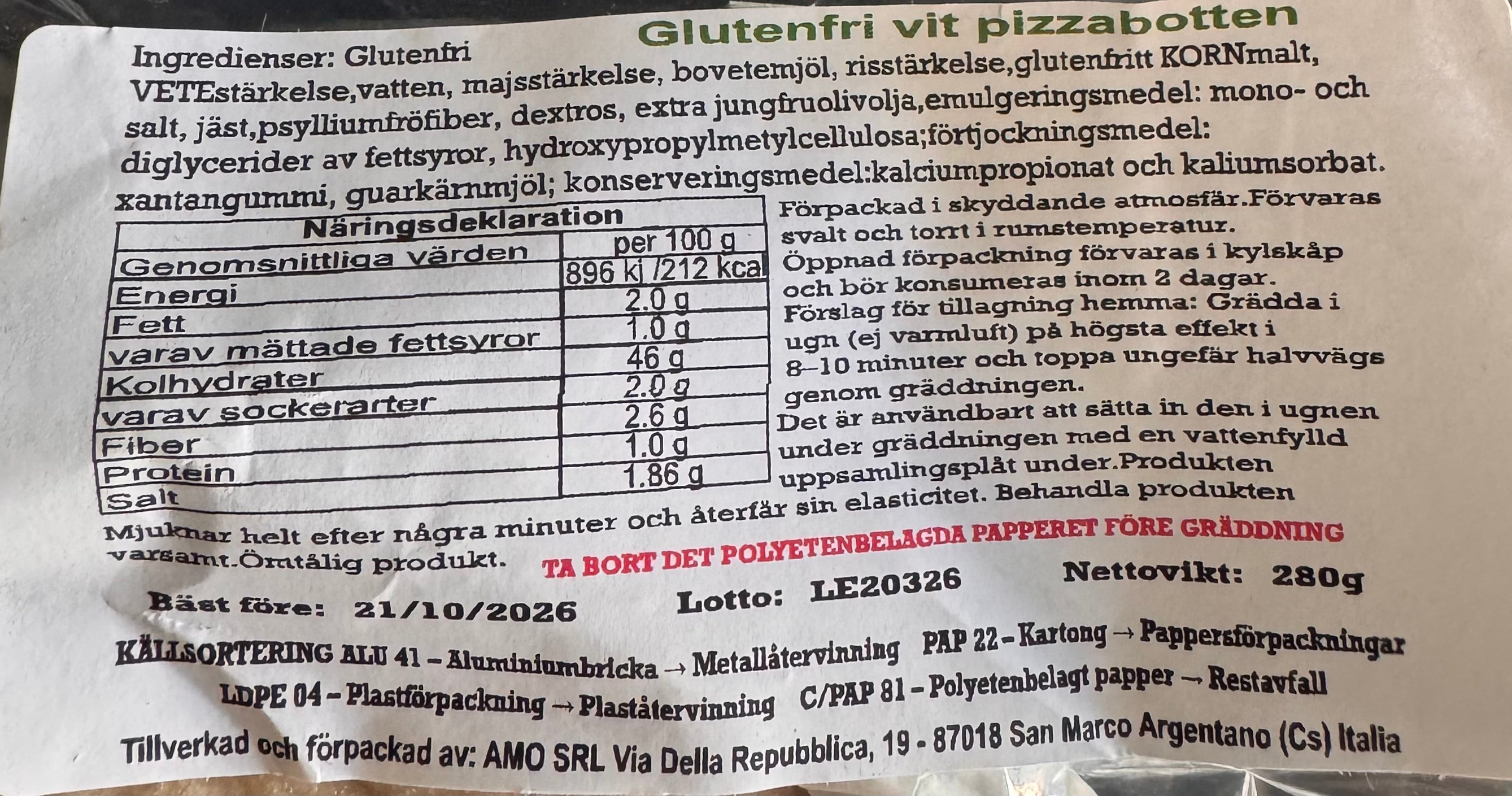 3 x Glutenfri pizzabotten från Italien