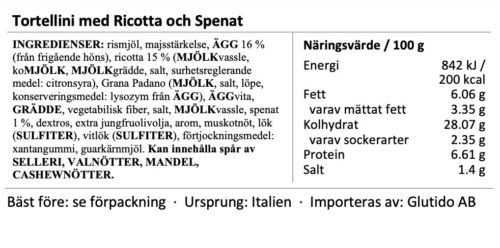 Tortelloni med Ricotta och Spenat